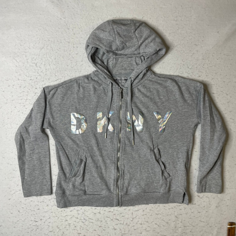 DKNY Sport Full Zip Hoodie‎ Womens XS Gray Iridescent Logo Athleisure Activewear